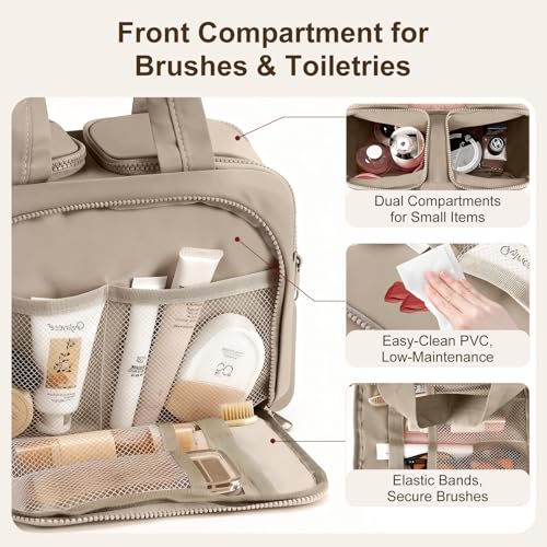 Brown Travel Makeup Bag with Hanging Hook Waterproof Organizer for Women