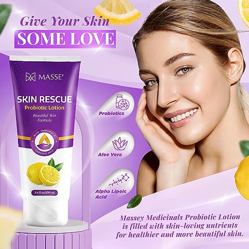 Massey's Skin Rescue Probiotics Lotion - Daily lotion for Men & Women - Refreshing Lemon Scent - Non-Greasy Moisture for Smooth & Sensitive Skin - 3.4 oz