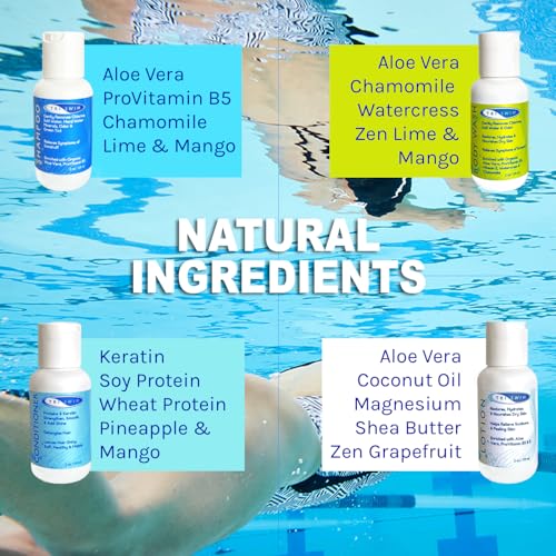 TRISWIM Shot Set in Travel Bag | 2oz Travel Size Chlorine Removal Shampoo, Swimmer¡¯s Conditioner, Swim Body Wash and Lotion | Removes Chlorine, Bromine, Hard Water Minerals & Saltwater and odors