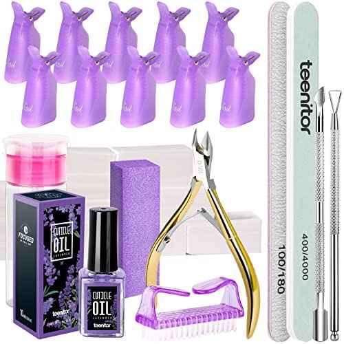 Teenitor Nail Gel Polish Dipping Powder Remover Tools Kit with Nail Clips Nail Remover Pads Cuticle Oil Nail Brushes Nail File Buffer Block Nail Clipper Cuticle Peeler Scraper Pusher and Cutter Purple