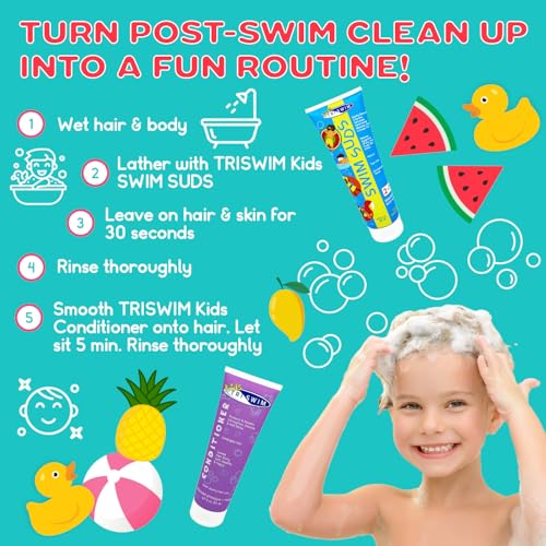 TRISWIM Kids Swim Suds & Conditioner Set 8.5 fl oz each | Natural Tear-Free 2-in-1 Shampoo Chlorine Removal & Body Wash with Detangler - Gentle Hair and Skin Care Solution for Active Kids