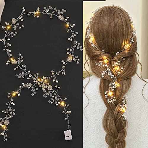 Yean Led Bride Wedding Hair Vine Long Light Up Bridal Headband Silver Crystal Hair Accessories Crystal Costume Party Headpiece for Women and Girls (100cm / 39.3inches)