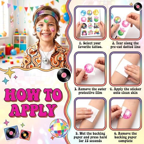 96 PCS Disco 70s Temporary Tattoos for Kids | Retro Party Favors