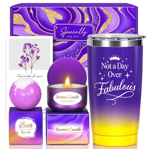 Purple Spa Gift Basket Set for Women with Candle & Bath Bomb