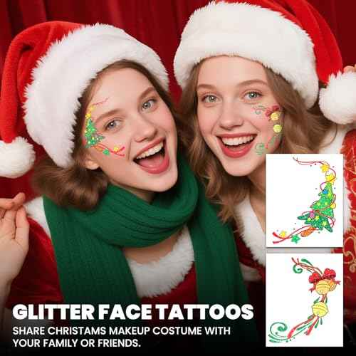 EMOME Christmas Decorations, Christmas Glitter Faux Freckles Face Tattoos with Red Green White Face Gems, Christmas Face Paint Makeup Kit for Women, Kids, Party Favors, Xmas Stocking Stuffers