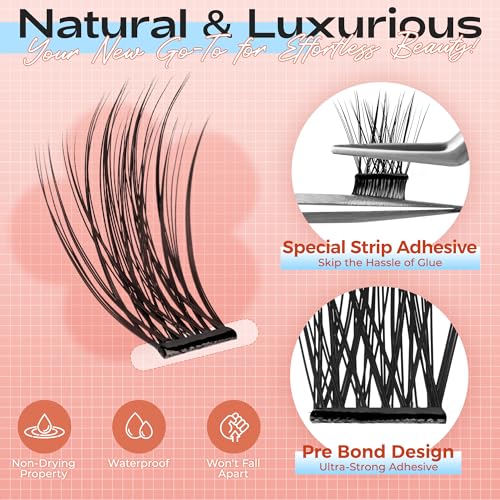 LASHVIEW Self Adhesive Eyelashes, D Curl Press On Lash Clusters Kit Pre Glued Eyelash Clusters with Applicator,No Glue No Remover Needed DIY Lash Extension Kit 10-16mm (N06 78Pcs)