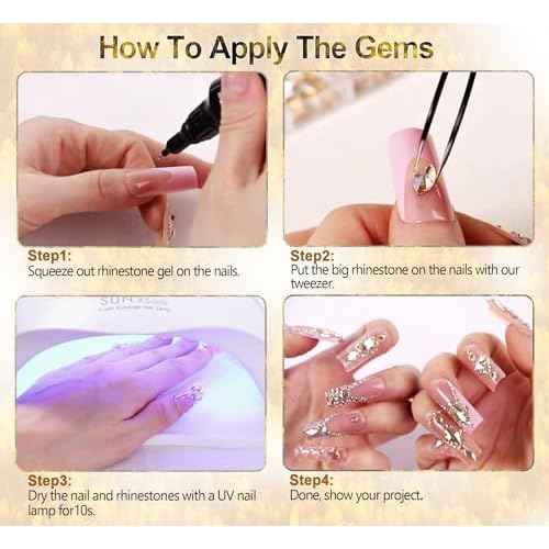 2420pcs Gold Rhinestones for Nails, Round Flatback Champagne Rhinestones Gold Nail Charms for Nails+120 Pcs 3D Multi Shapes Glass Crystal Diamond Nail Gems for Acrylic Decoration