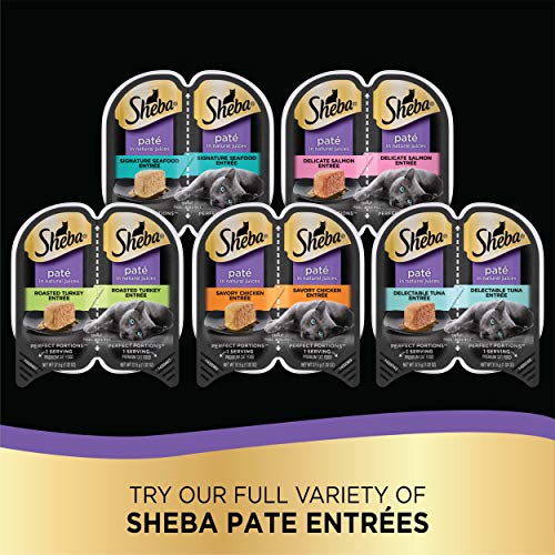 SHEBA PERFECT PORTIONS Paté Wet Cat Food Trays (36 Count, 72 Servings), Savory Chicken, Delicate Salmon, and Roasted Turkey Entrée, Easy Peel Twin-Pack Trays