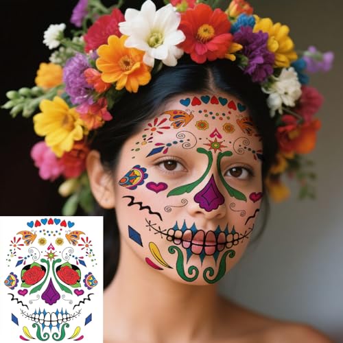 Halloween Temporary Face Tattoos Makeup Kit, Day of the Dead Sugar Skull Floral Black Skeleton Web Red Roses Full Face Mask Stickers Tattoo Families Party Supplies