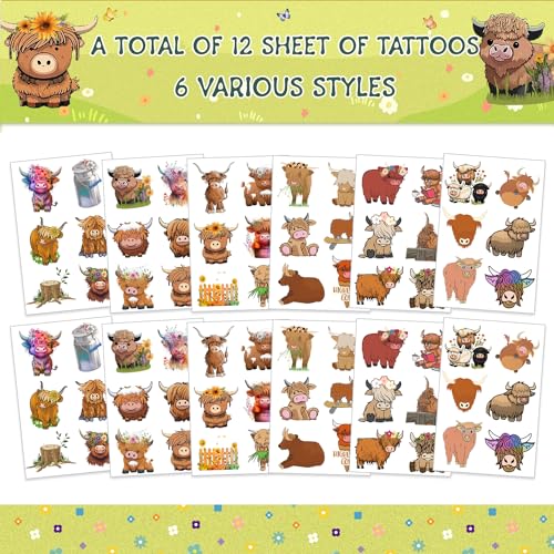 72pcs Highland Cow Temporary Tattoos Party Favors