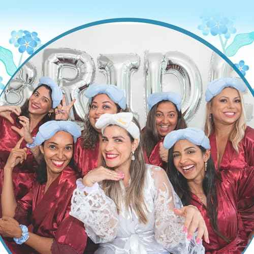 24 Pcs Bachelorette Party Favors Include 12 Bride Bridesmaid Spa Headband 12 Bridesmaid Gifts Scrunchies for Women Sleepover Spa Bachelorette Party Accessories Supplies(White,Blue)