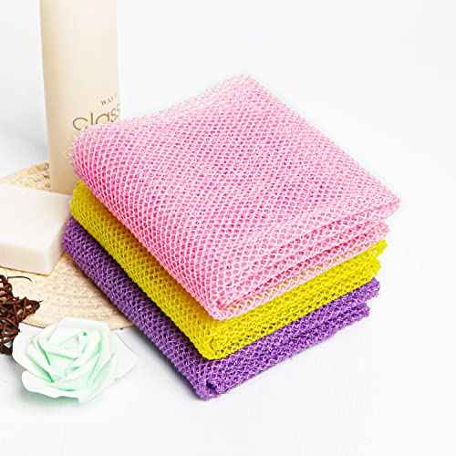 3 Pieces African Net Bath Sponge African Exfoliating African Scrubbing Long Net Rag African Wash Net Shower Body Scrubber, Yellow Pink Purple