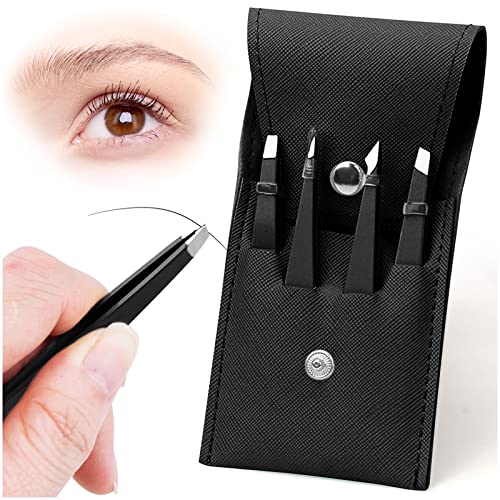 Kalevel Precision Tweezers Set Stainless Steel Tweezer Set Professional Tweezers for Women Eyebrows Ingrown Hair with Leather Case (Black)