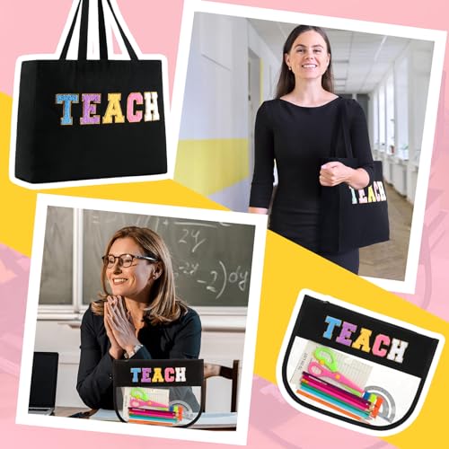 Talltalk 12 Pcs Teacher Tote Bags Bulk, Black Appreciation Gifts Chenille Letters Totes Bags with Makeup Pouch Set for Easter Graduation Party Teacher Gifts