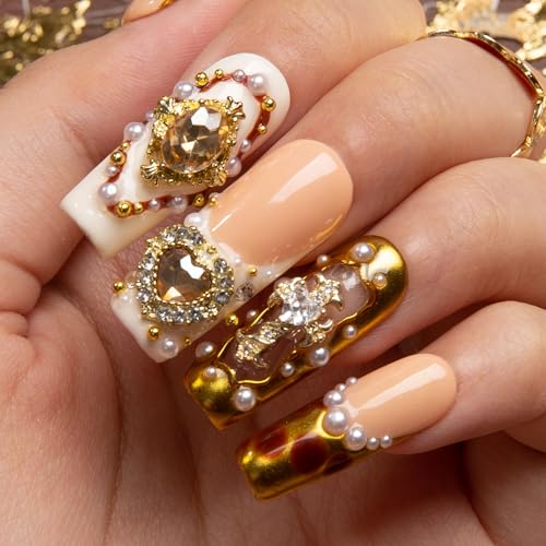 LOVFUL Press on Nails Regal Romance | Handmade with Full Covered Crystals | Reusable Full Cover Nails | Square Classic Regular 1.3 in | H366-M