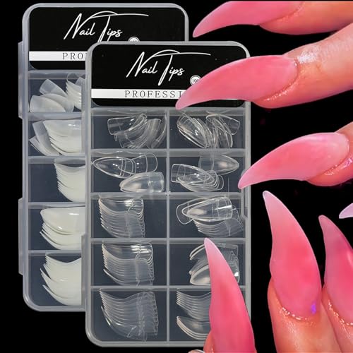 200PCS Medium Stiletto Nail Tips,10 Sizes Artificial Press on Nail Tips Halloween Style Natural Stiletto False Eagle Claw Art for Nail Salons (Natural&Transparent)