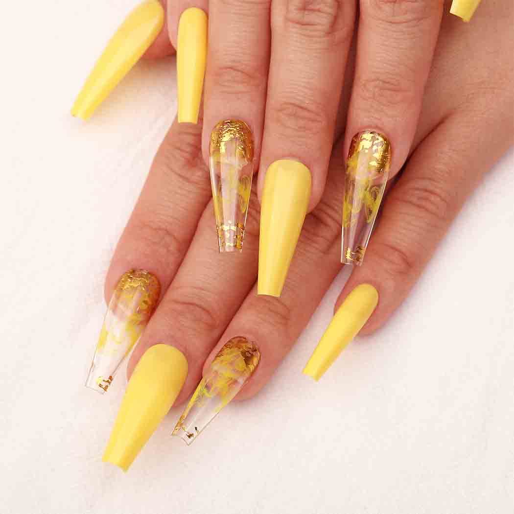 Outyua Glossy Smoke Pattern Fake Nails Coffin Yellow Extra Long Press on Nails with Design Ballerina Acrylic Super Long False Nails Designer Full Cover Artificial Nails for Women and Girls 24Pcs (Yollow)