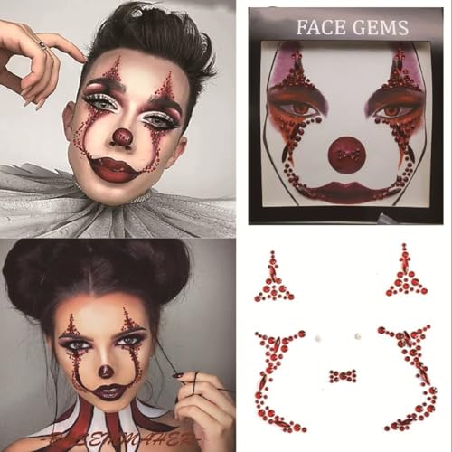 Clown Face Jewel Makeup Sticker Cat Face Gems 3D Gemstone Face Stickers Day of the Dead Temporary Rhinestone Crystal Stones Glitter Body Gems Makeup Stickers for Halloween Carnival Rave Party