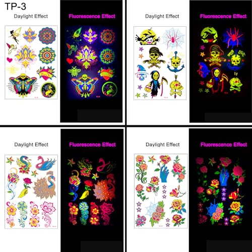 4 Sheet Glow in Dark UV Temporary Tattoos Waterproof