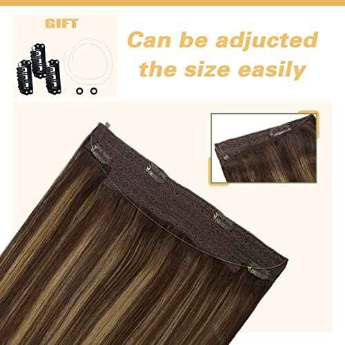 Anrosa Fish Line Invisible Hairpiece for Women Balayage Dark Brown to Chestnut Brown Extensions with Transparent Straight Real Human Hair Extensions 12 Inch 70G Wire Hair Extensions Adjustable Clips