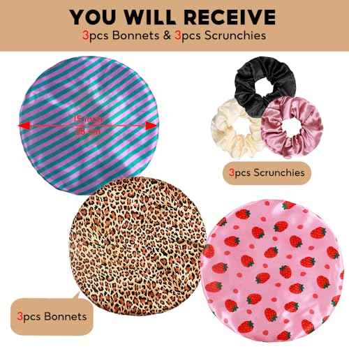 3+3 Large Satin Bonnets with Scrunchies for Women, Wide Band Hair Bonnet for Sleeping Braids Curly Hair