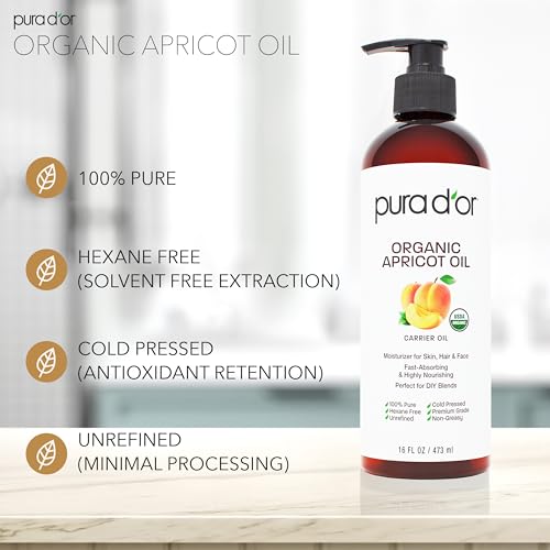 PURA D'OR 16 Oz ORGANIC Apricot Kernel Oil-100% Pure&Natural USDA Certified Cold Pressed Carrier Oil-Antioxidant&Vitamin E Rich Moisturizer for Natural Glow-&Softness-Face,Skin-&Hair,(Pack of 2)