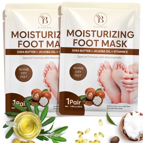Hydrating Foot Mask Socks for Dry Cracked Feet with Shea Butter & Jojoba Oil - 2 Pairs