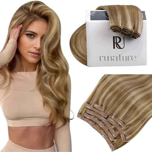 RUNATURE Clip in Hair Extensions Real Human Hair Clip in Extensions 18 Inch 120g 7pcs Real Hair Extensions Clips Ins for Women Double Weft Easy to Apply #10P16 Dark Blonde Highlight Caramel Blonde
