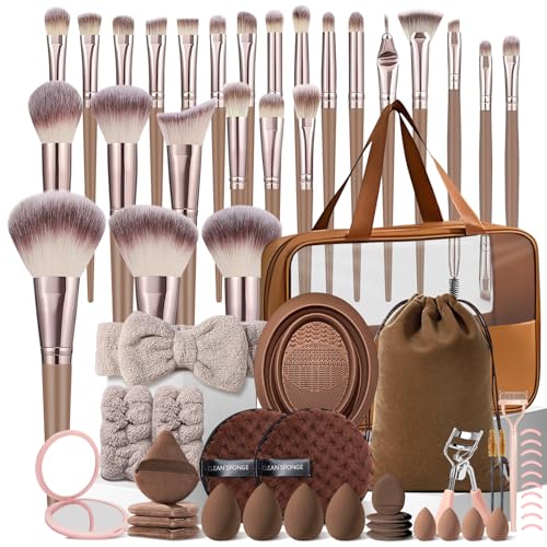 MZGGDM 64Pcs Brown Makeup Brushes Set with Case Professional Foundation Powder Concealers Eyeshadow Contour Blush Makeup Brush Kits Travel Make up Brushes & Tools Eye and Face Makeup Kit