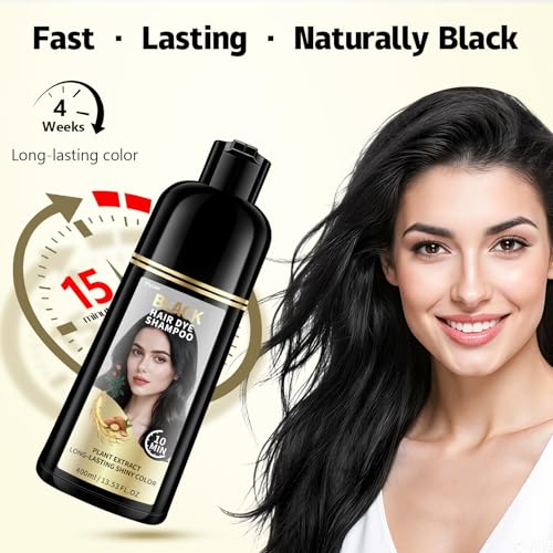 Black Hair Dye Shampoo - 100% Gray Coverage, 10-15 Mins