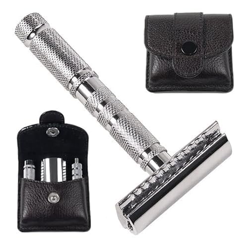 Parker A1R TRAVEL SAFETY RAZOR - Compact 4-Piece Double Edge Safety Razor with Protective Leather Case - Ideal for Everyday Use - Iconic Brand