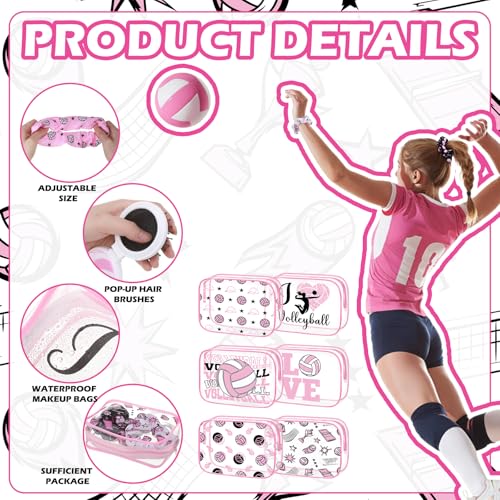 36 Pcs Pink Volleyball Gifts for Girl 12 Pink Volleyball Makeup Bag Bulk Cosmetic Bag Sport Team Gifts with 12 Sport Hair Scrunchies 12 Round Portable Folding Brush Mirror for Team Party
