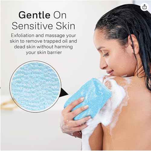 Yiclick Exfoliating Washcloth Towel [3 Pack], Japanese Exfoliating Bath Wash Cloth for Body Exfoliation, Korean Back Scrubber Washer for Shower, African Net Sponge Brush Loofah Exfoliator (Blue)