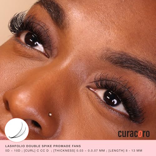 Curacoro LashFolio Triple Spike Promade Fans, Handmade Volume Eyelashes, 5D To 10D, C CC D Curl, 0.03~0.07 mm, 8-13mm Mix Length, Professional Long-Lasting Promade Lash Fans (5D-0.07 D 8mm-13mm)