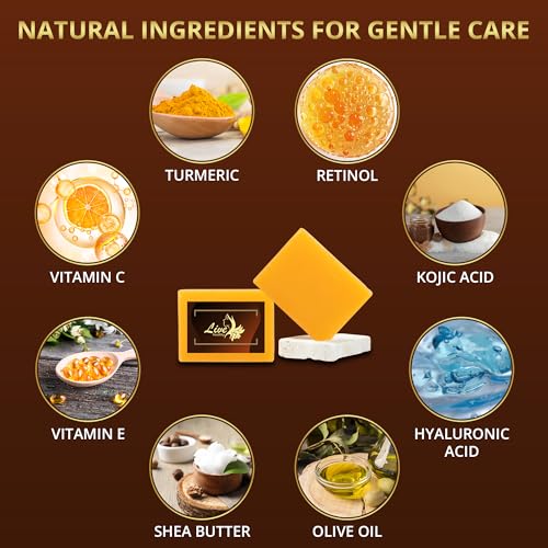 Live Healthy Kojic Acid Soap - Skin Brightening and Lightening for a Radiant Complexion - Natural, Gentle, Turmeric Soap Bar for Dark Spots, Uneven Skin Tone & Acne Scars - 2 Pack + Holder & Net