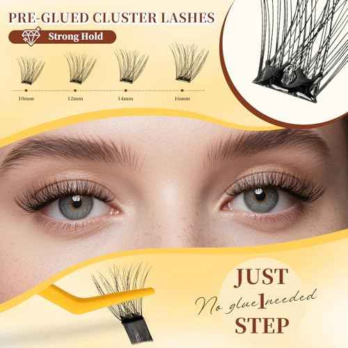 QUEWEL Self-Adhesive-Lash Clusters, 120 Pcs Pre-Glued-Eyelashes Clusters, 10-16MM Strong Hold Self Adhesive Lashes, D Curl Press On Lashes No Glue Needed DIY Lash Extensions at Home(DH-MJ02)