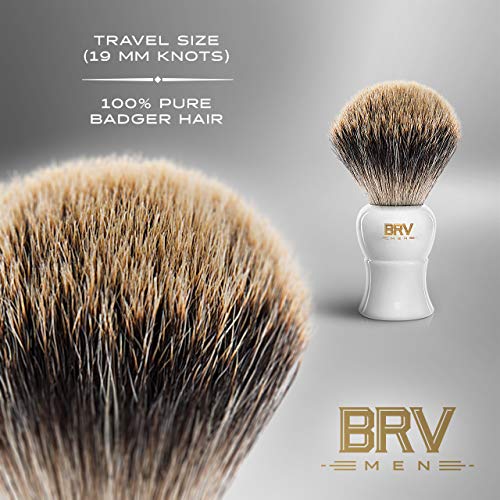 BRV MEN Pure Badger Shaving Brush (19mm knots) - Heavy Resin Handle - Use with Double-Edge Safety Razor, Straight Razor and Shaving Bowl (White)