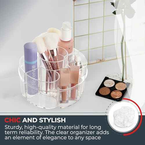 Masirs Small Rotating Makeup Organizer - Mini Yet Spacious Cosmetic Storage Solution with Multiple Compartments - The Perfect Spinning Make-Up Caddy for Vanity or Bathroom Counter (Round - Clear)