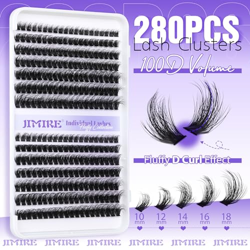 JIMIRE Fluffy Lash Clusters Volume Wispy 50D Thick Mink Eyelash Clusters D Curl 9-16mm Cluster Eyelash Extensions 280Pcs Individual Lashes Beginners Friendly Cluster Eyelash Extensions