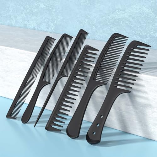 Professional Hair Comb Set - 6 Black Wide & Fine Tooth Styling & Detangling Tools