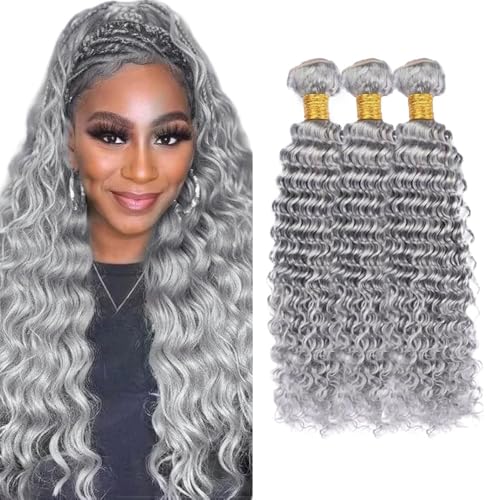 Fridnae 20 Inch Grey Deep Wave Human Hair Bundles - 3 Pack