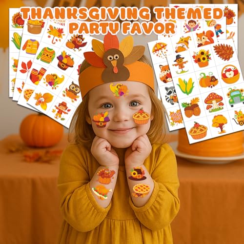 96 PCS Hello Thanksgiving Fall Autumn Pre-Cut Temporary Tattoos for Kids | Cute Themed Birthday Party Favors, Supplies, Decorations, Fake Tattoo Stickers, School Rewards Gifts for Boys Girls