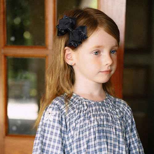 2pc Glitter Black Ribbon Hair Bow Clips 4inch Shiny Alligator Barrettes Pins for Teens Girls Kids Women Graduation Halloween Dress up Party Costume outfit Decor Accessory