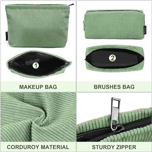 MAGEFY Makeup Bag 2 PCS Corduroy Make up Bag for Purse Travel Cosmetic Bag for Women Small Makeup Pouch Cute Makeup Brush Bag Preppy Stuff Travel Essentials - Green