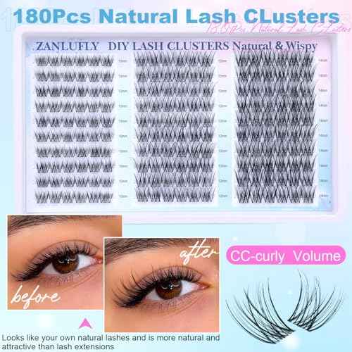 Lash Clusters Wispy Eyelash Clusters Natural CC-Curly Cluster Lashes zanlufly Wispy Individual Lashes 180Pcs Eyelash Extension 10 12 14MM DIY Lash Extension