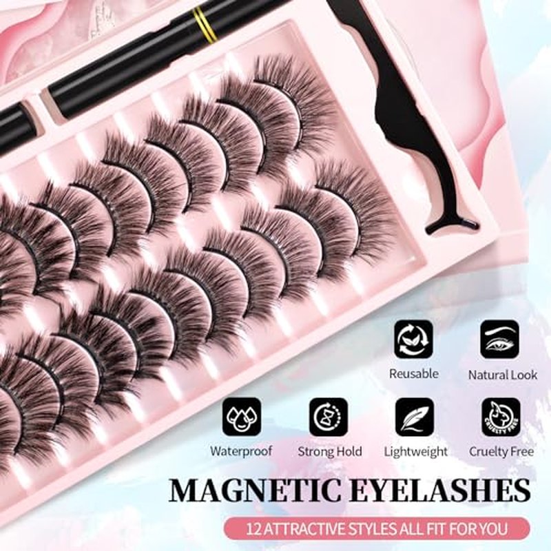 Magnetic Eyelashes and Eyeliner Kit - 12 Pairs Reusable Mink Lashes