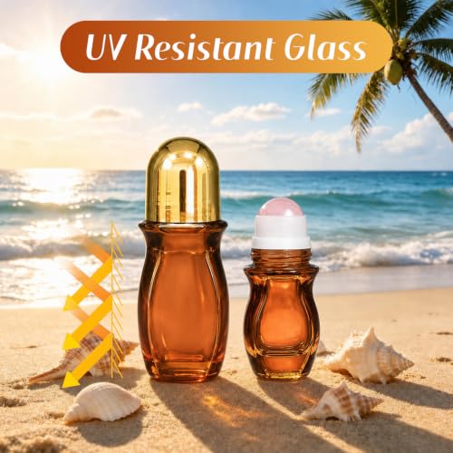 50ml Rose Quartz Amber Glass Roller Bottle Set - Empty Leakproof 2 Pack with Funnel & Opener