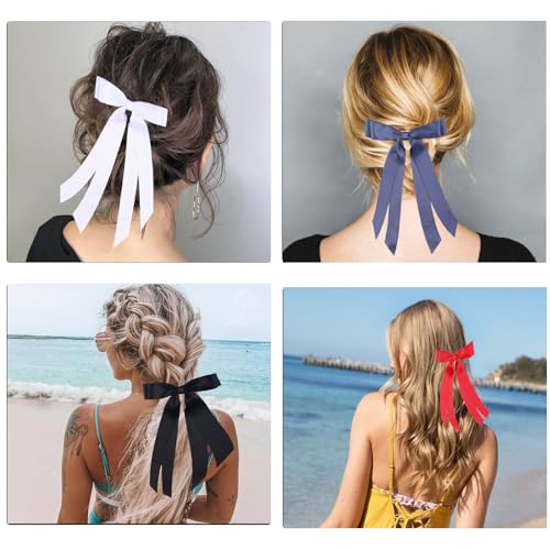 LuSeren 4 PCS Double Layer Hair Bows for Women, Silky Satin hair bow clips with Long Tail, colorful