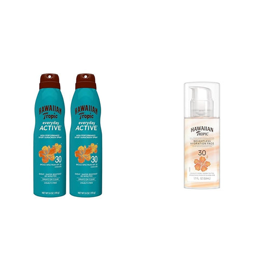 Hawaiian Tropic Everyday Active Clear Spray Sunscreen SPF 30 Twin Pack, 6oz Each & Hawaiian Tropic Weightless Hydration Face Sunscreen SPF 30, 1.7oz Travel Size