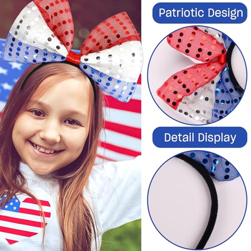 TIMMOKO 4th of July Headband for Women Girls Red White And Blue Bows With Sequin Patriotic Hairband American Flag USA Independence Day Head Band Hair Accessories Gifts 1Pcs